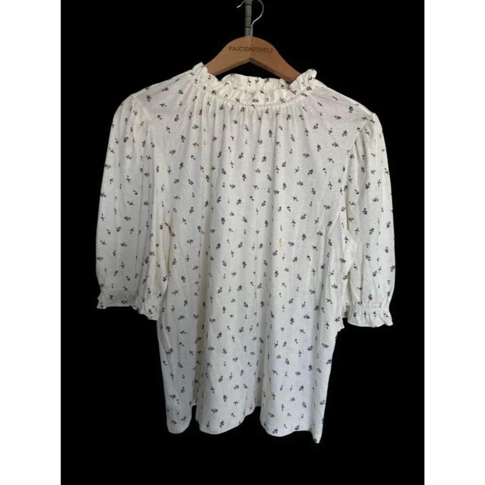 Loft LG White Puff Sleeve Floral Blouse Prairie Cottagecore NEW